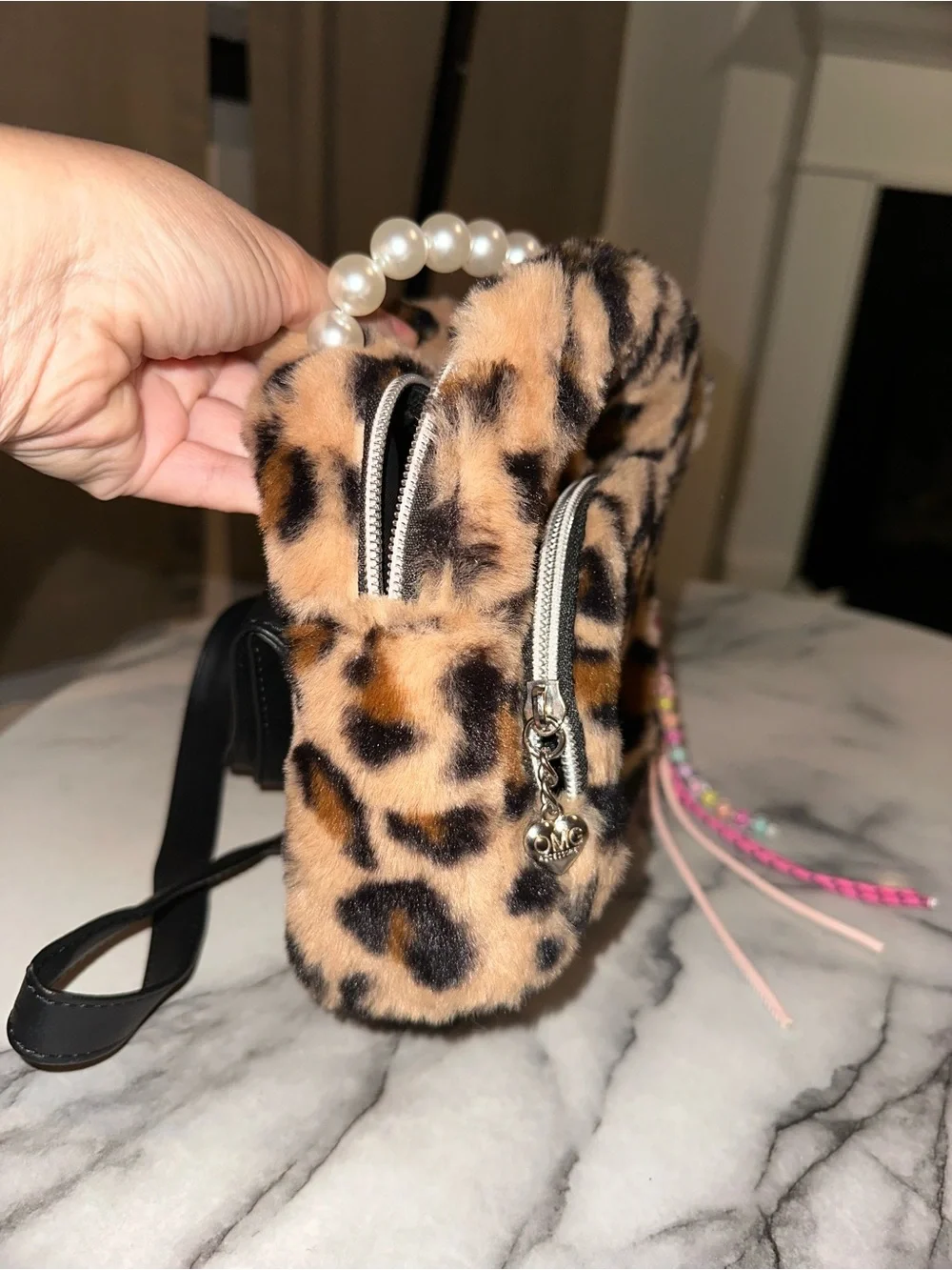 Leopard Faux-Fur Pearl-Handle Kids Bag with book bag straps